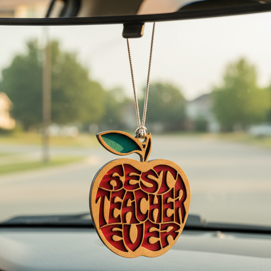 Decorative car hanging with 'Best Teacher Ever' text in an apple shape, hanging from a car's rearview mirror.