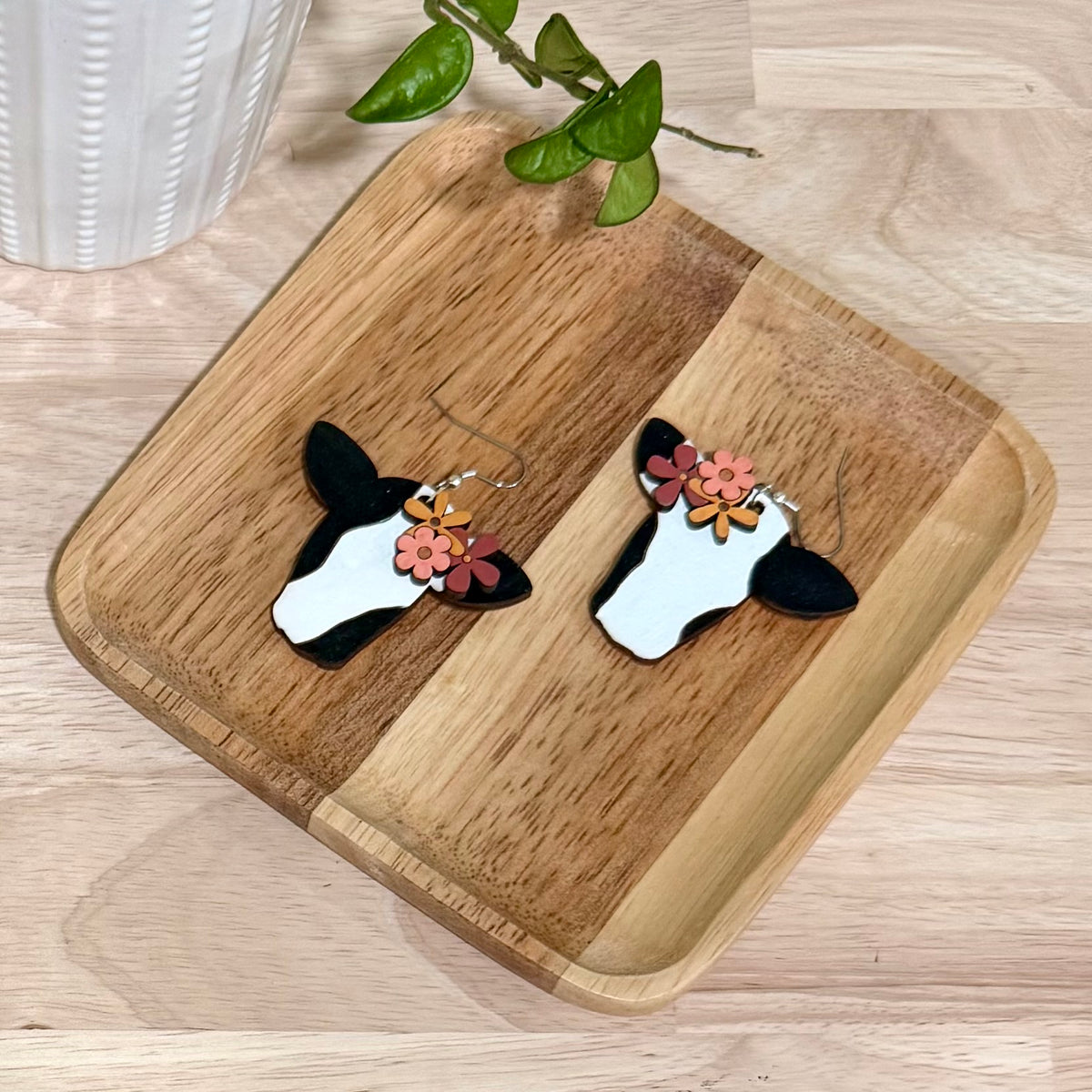 Floral Cow Earrings | Handmade Heifer Dangle Earrings