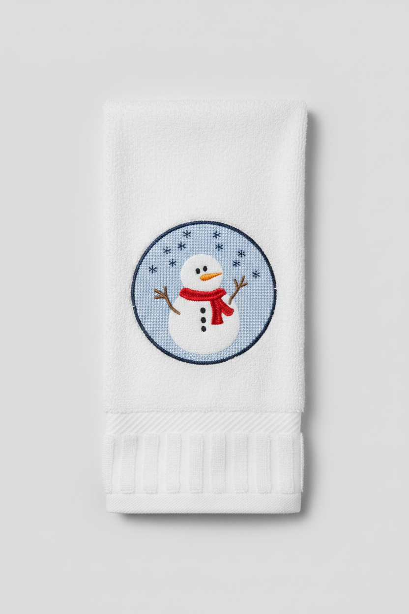 Snowman Embroidered Hand Towel – 100% Cotton Festive Holiday Powder Room Decor