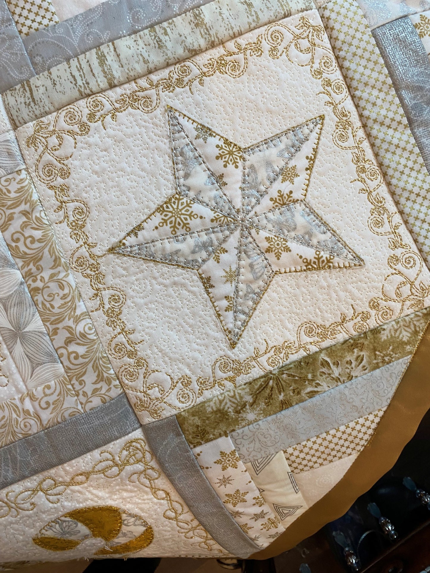 Silver & Gold Applique & Embroidered Christmas Quilt