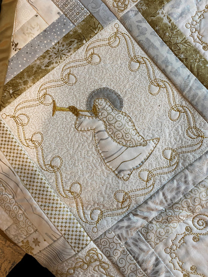 Silver & Gold Applique & Embroidered Christmas Quilt
