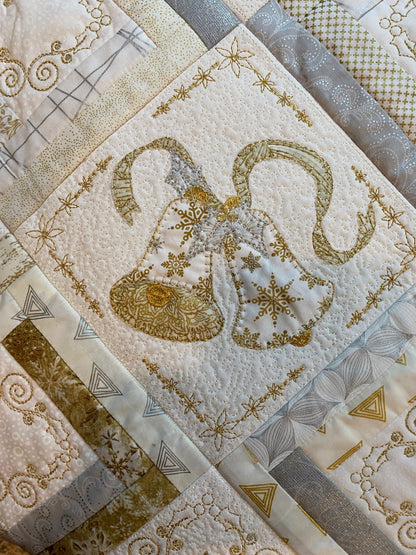 Silver & Gold Applique & Embroidered Christmas Quilt