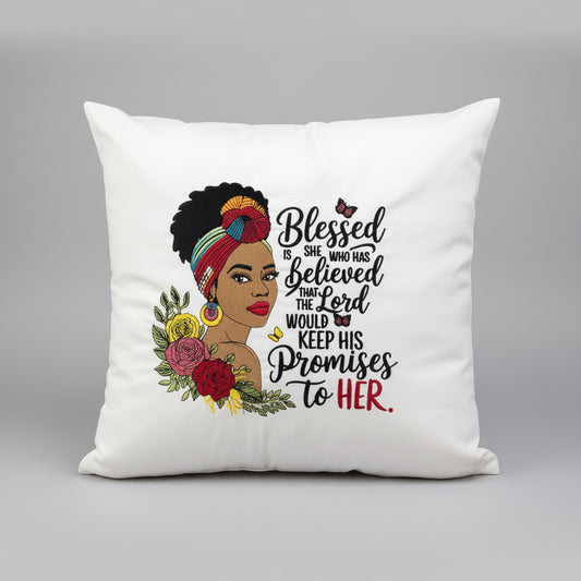 Decorative pillow with a woman's face, flowers, and text on a white background.