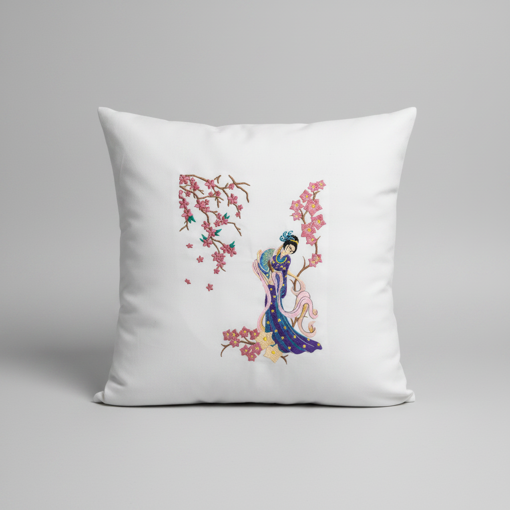 Cherry Blossoms Girl Accent Pillow - 18x18 Asian Art Throw Pillow with Insert