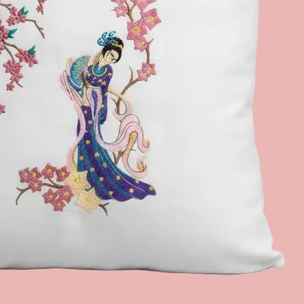 Cherry Blossoms Girl Accent Pillow - 18x18 Asian Art Throw Pillow with Insert