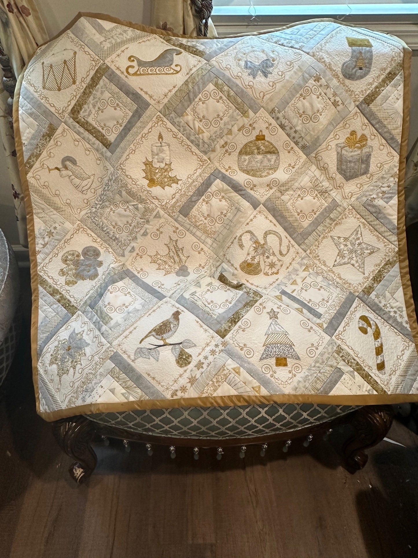 Silver & Gold Applique & Embroidered Christmas Quilt