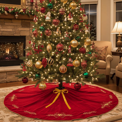Elegant Red Velvet Tree skirt with gold lining