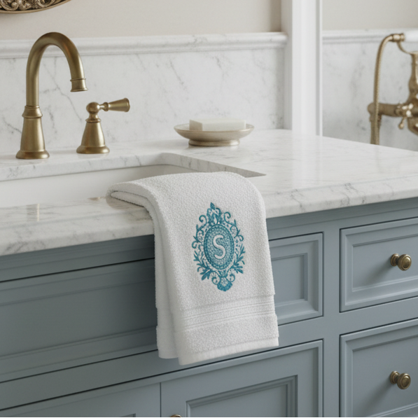 a white towel with a filigree frame and an initial "S"