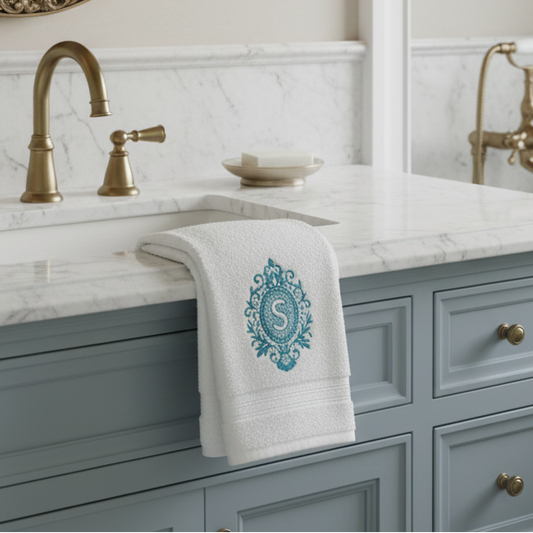 a white towel with a filigree frame and an initial "S"