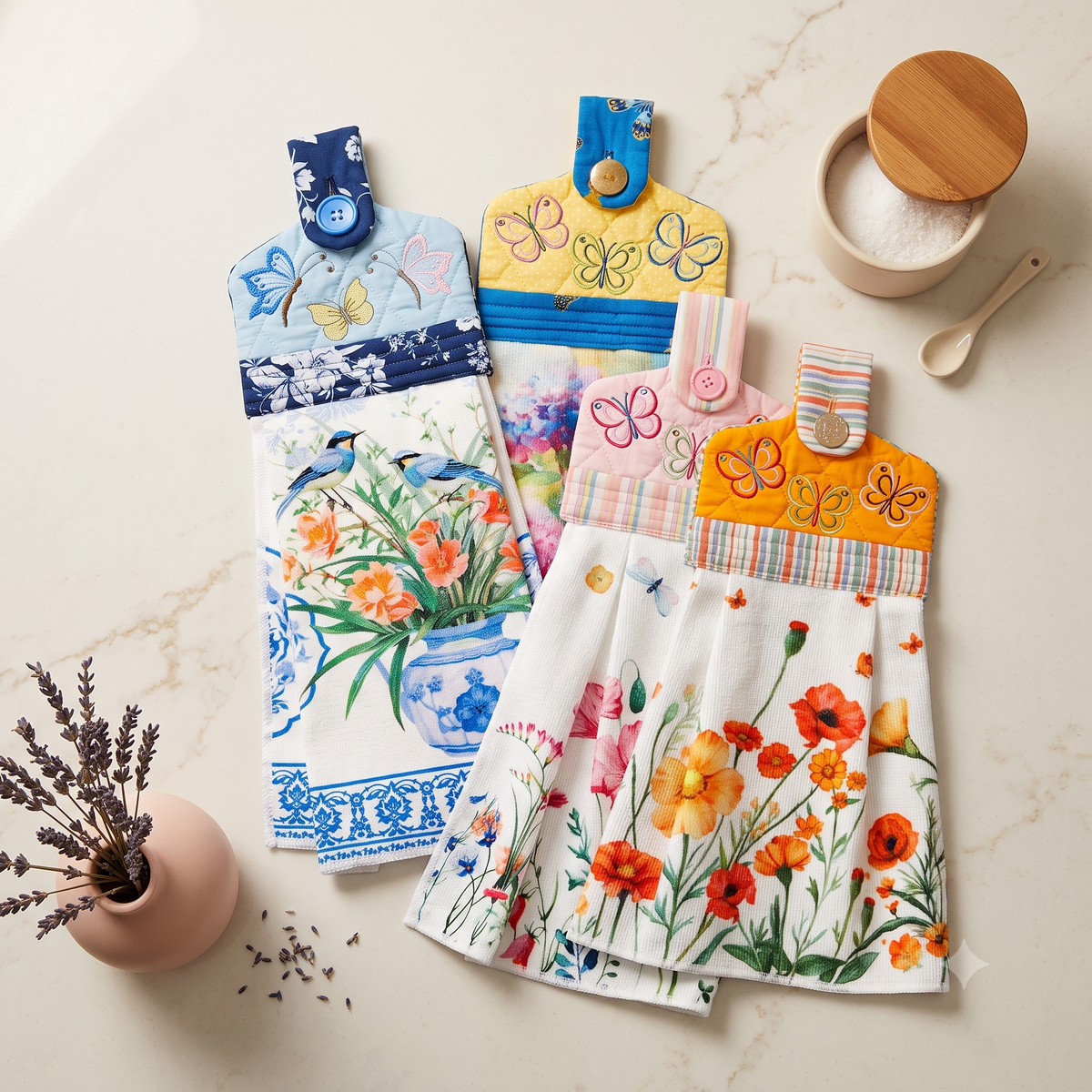 A collection of vibrant kitchen towels with decorative butterfly toppers, designed to hang on appliance handles like ovens and dishwashers. Each towel is made from 100% cotton and measures approximately 18-19 inches long, showcasing intricate floral and butterfly patterns that add a splash of color and elegance to any kitchen. The towels are machine washable and available in a variety of colors, making them a perfect gift for friends, family, or as a charming addition to your own kitchen decor.