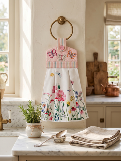 A white kitchen towel with a pink floral and butterfly print hangs from a brass ring on a kitchen wall. The scene is styled with a small potted plant, wooden spoons, and folded beige towels on a marble countertop in a bright kitchen.