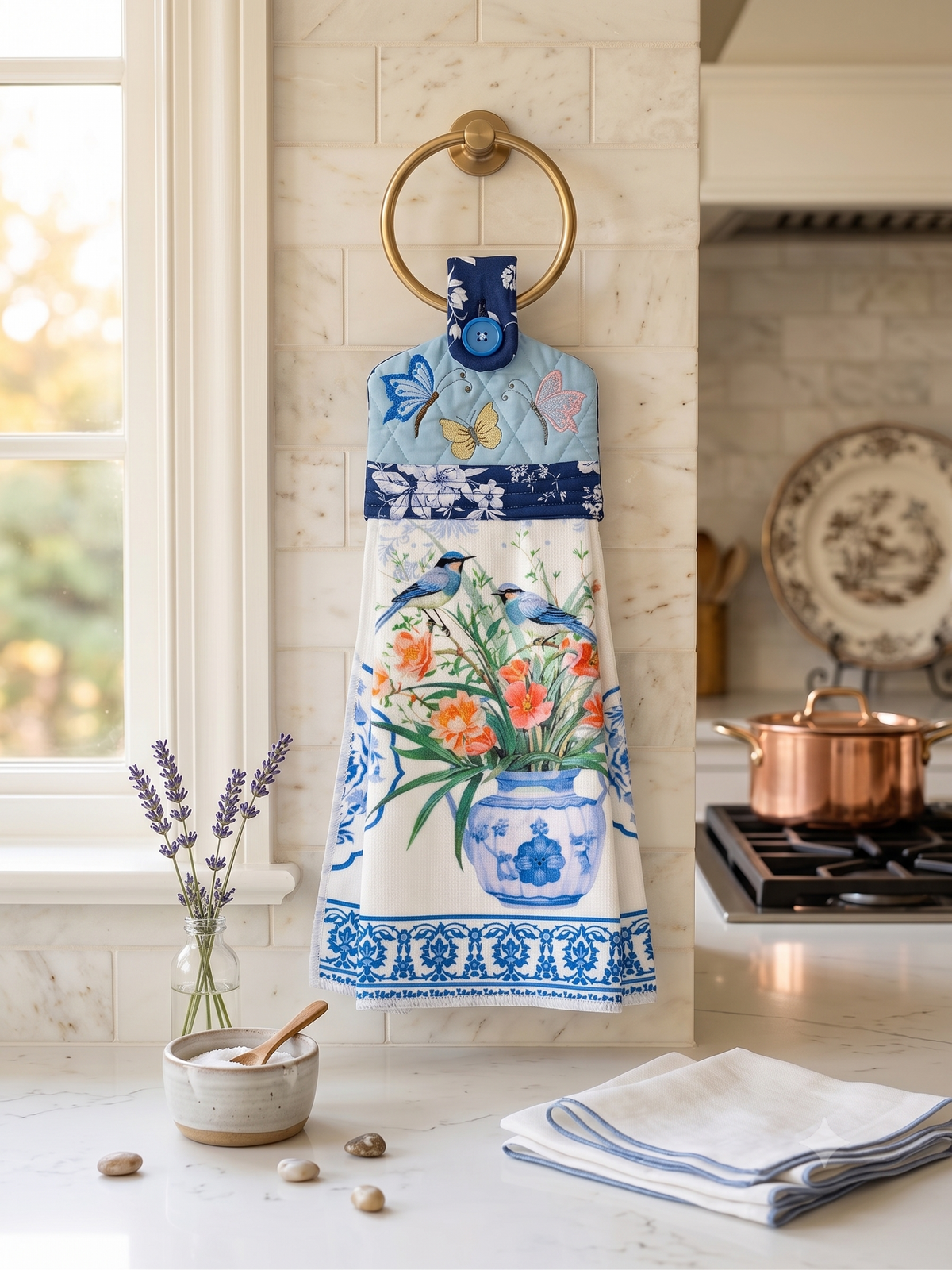 A hanging kitchen towel featuring a quilted top section with embroidered butterflies in blue, pink, and gold, secured by a light blue button. The lower portion displays a print of birds on flowers in blue and white vases.