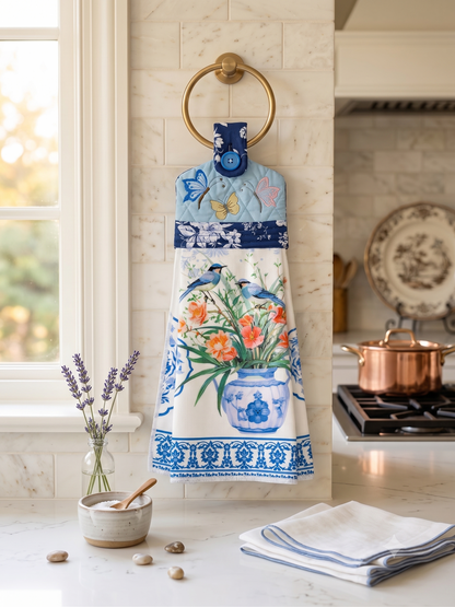 A hanging kitchen towel featuring a quilted top section with embroidered butterflies in blue, pink, and gold, secured by a light blue button. The lower portion displays a print of birds on flowers in blue and white vases.