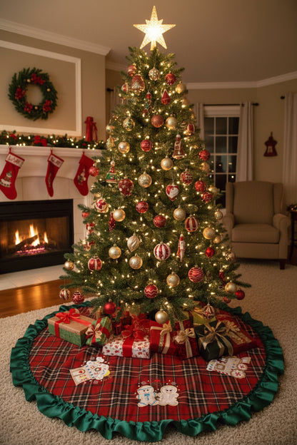 Gingerbread Tree skirt with a Christmas plaid background and green satin ruffle.