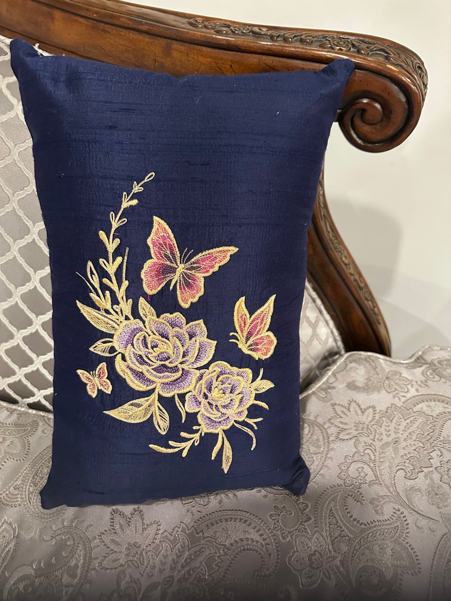 Navy Rose Garden with Butterflies Pillow