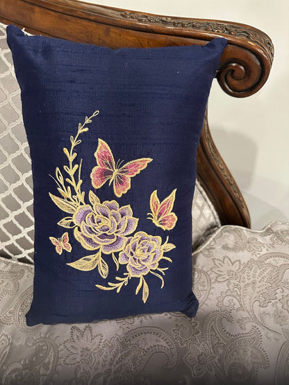 Navy Rose Garden with Butterflies Pillow