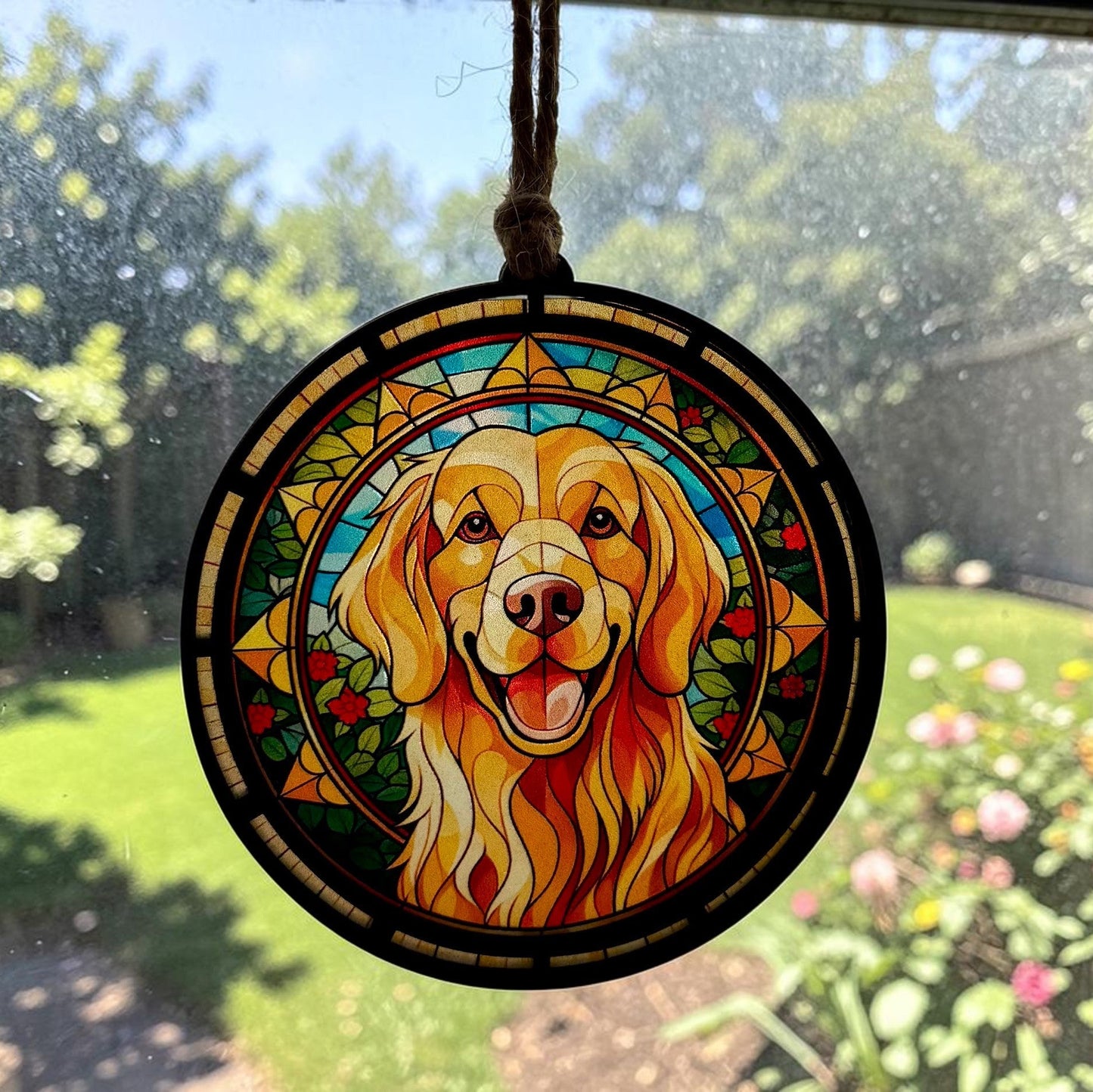 Custom Dog Breed Suncatcher – Stained Glass Style Acrylic & Wood Ornament