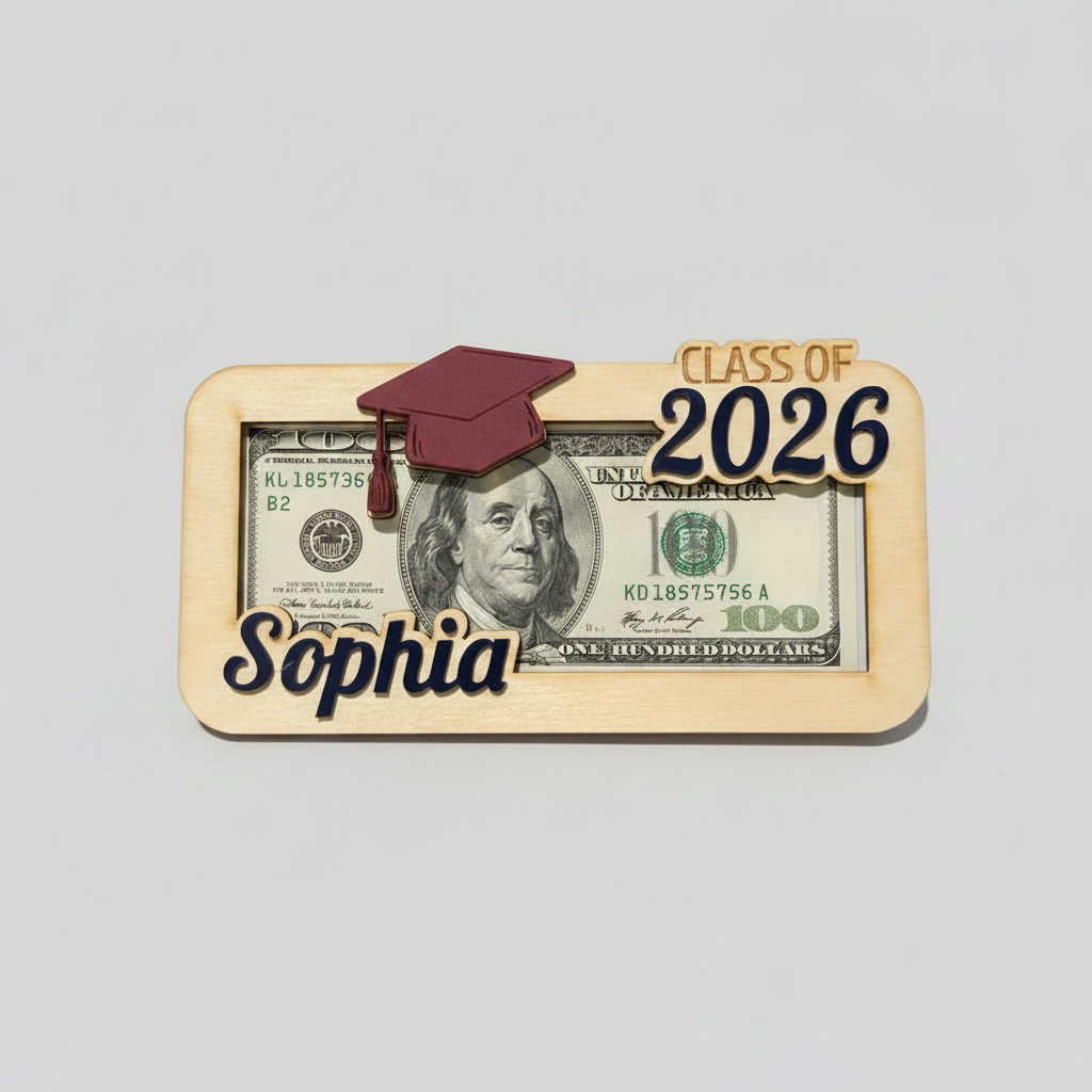 A wood money holder for graduates that has a graduation hat, the graduate's name, and "Class of 2026" in custom colors