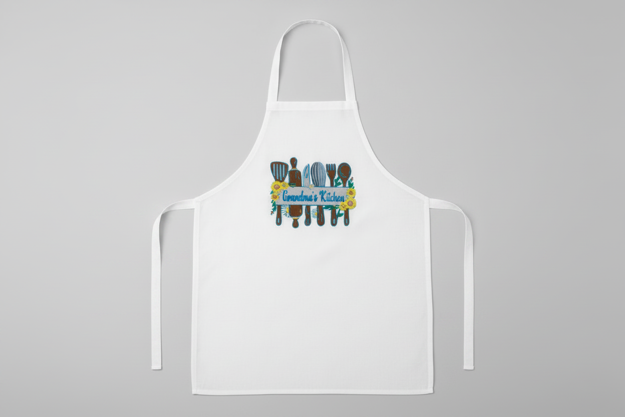 White apron with colorful graphic design on a gray background