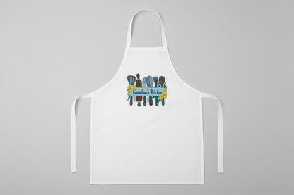 White apron with colorful graphic design on a gray background