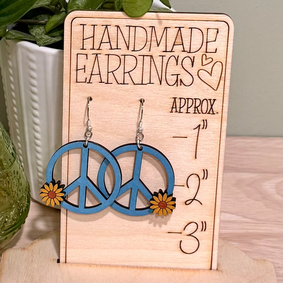 Daisy Peace Sign Earrings | Handmade Wood Dangle Earrings