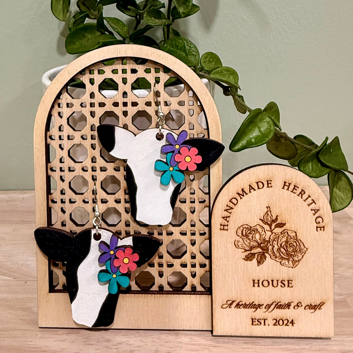 Floral Cow Earrings | Handmade Heifer Dangle Earrings