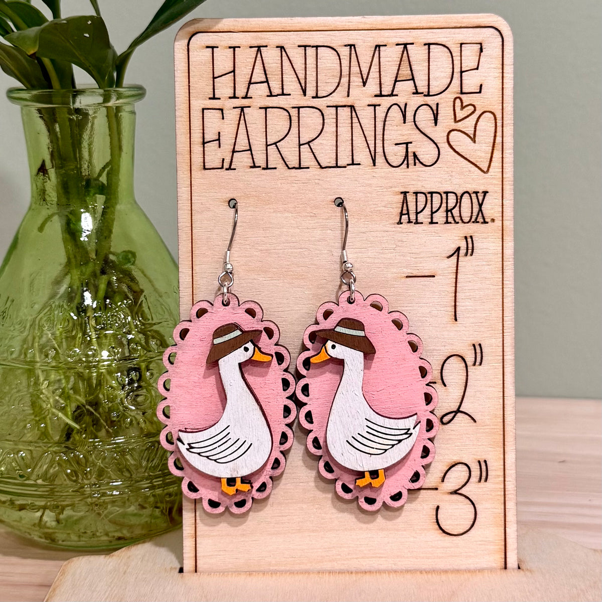 Silly Goose With Hat Earrings | Handmade Lace Edge Goose Dangle Earrings