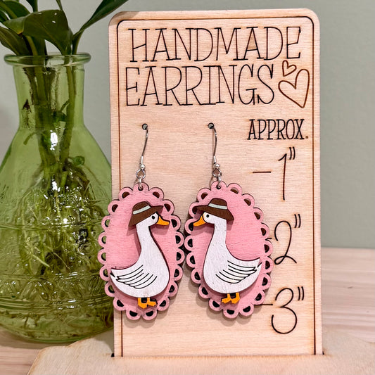 Silly Goose With Hat Earrings | Handmade Lace Edge Goose Dangle Earrings