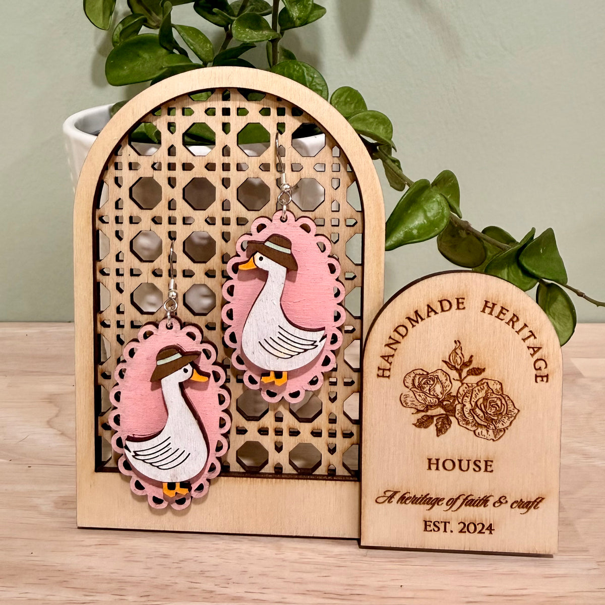 Silly Goose With Hat Earrings | Handmade Lace Edge Goose Dangle Earrings