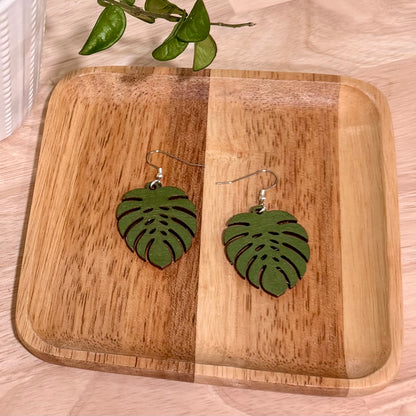 Monstera Leaf Wood Earrings | Handmade Botanical Dangle Earrings