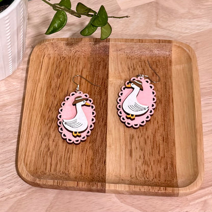 Silly Goose With Hat Earrings | Handmade Lace Edge Goose Dangle Earrings