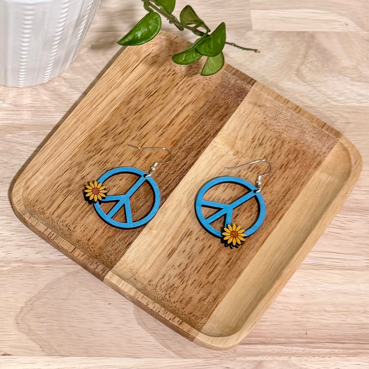 Daisy Peace Sign Earrings | Handmade Wood Dangle Earrings