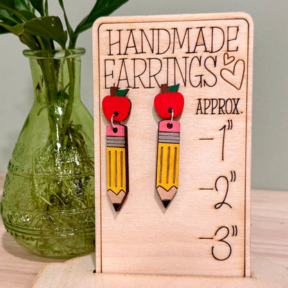 Teacher Stud Earrings | Handmade Pencil & Apple Dangle Post Back Earrings