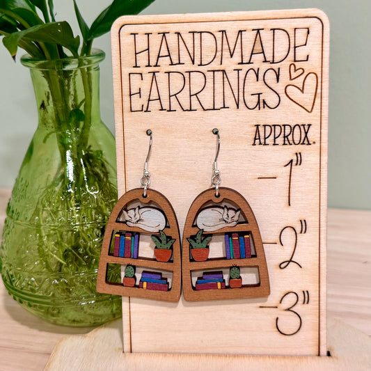 Bookish Cat Dangle Earrings | Handmade Bookshelf Dangle Earrings