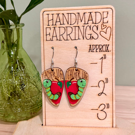 Teacher Life Dangle Earrings | Handmade Book Worm Earrings