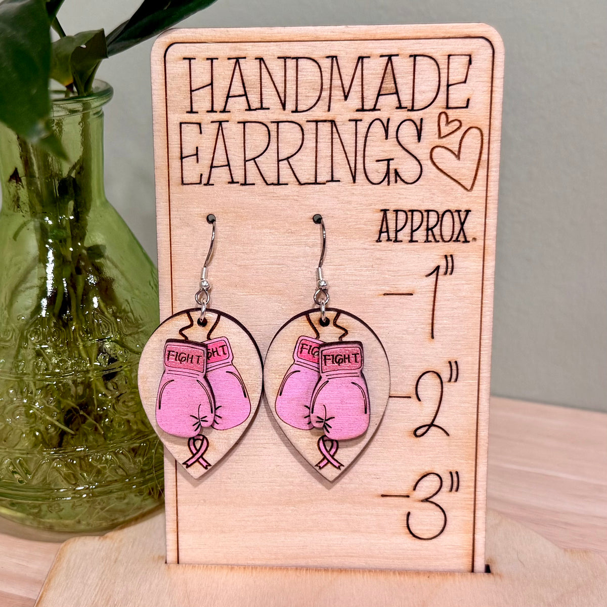 Breast Cancer Fight Earrings | Handmade Wood Dangle Earrings