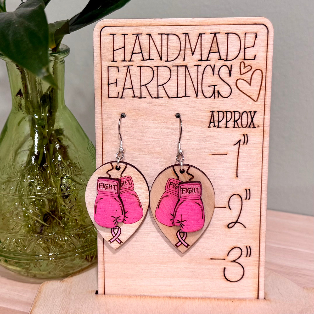 Breast Cancer Fight Earrings | Handmade Wood Dangle Earrings
