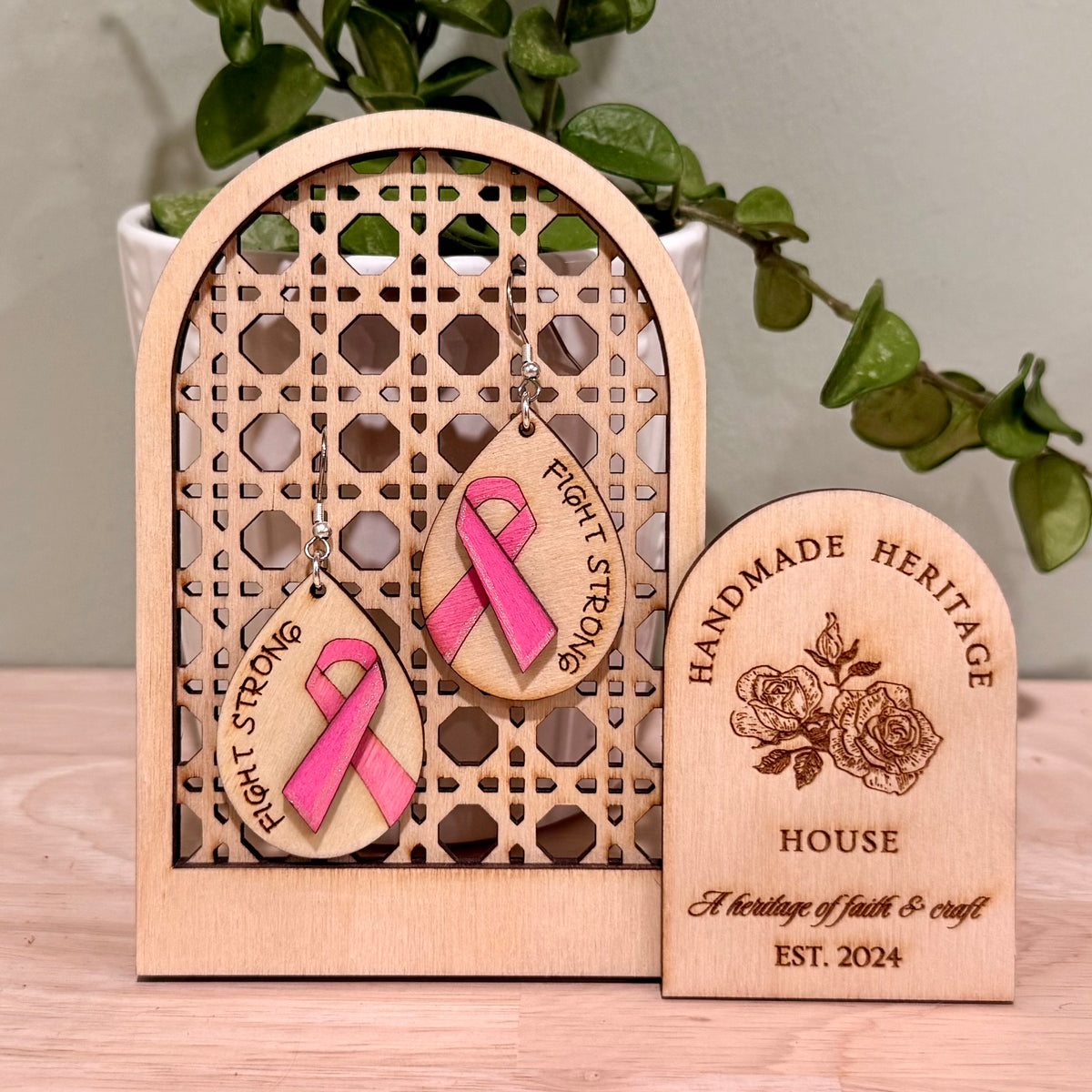Breast Cancer Fight Strong Earrings | Handmade Wood Dangle Earrings