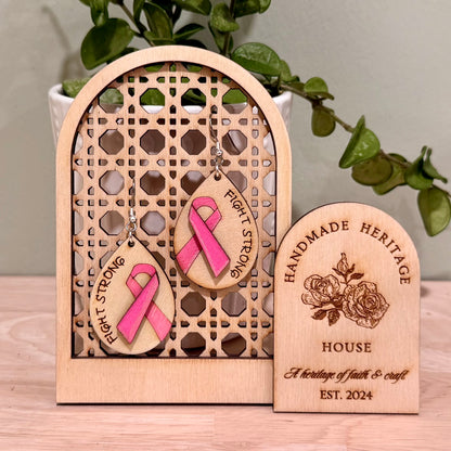 Breast Cancer Fight Strong Earrings | Handmade Wood Dangle Earrings