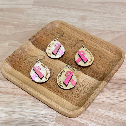 Breast Cancer Fight Strong Earrings | Handmade Wood Dangle Earrings