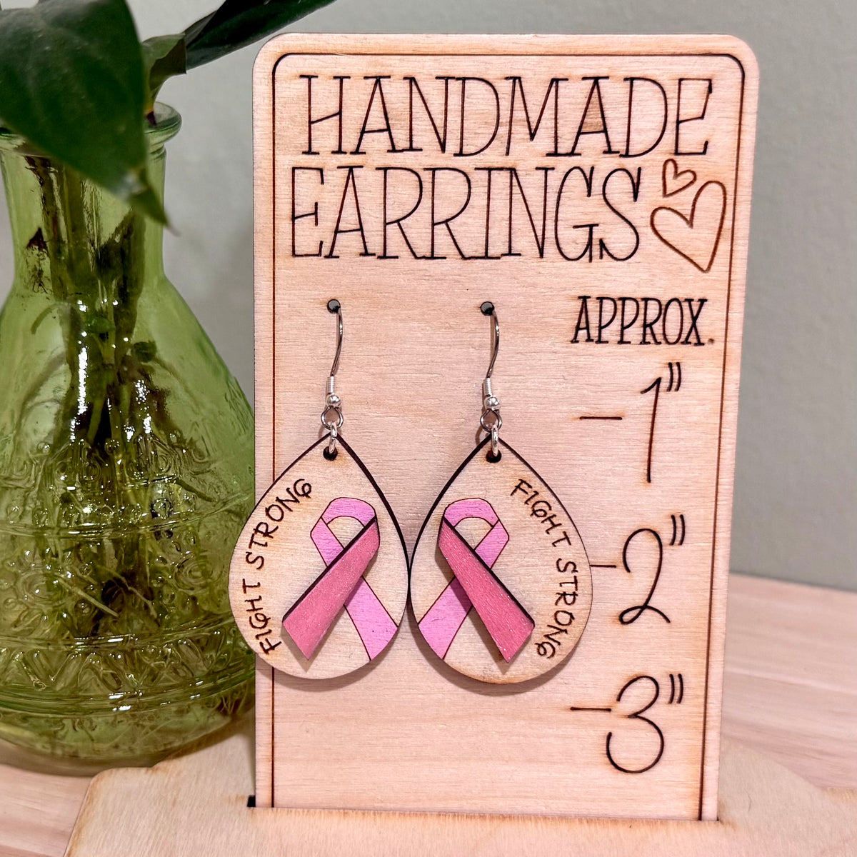 Breast Cancer Fight Strong Earrings | Handmade Wood Dangle Earrings