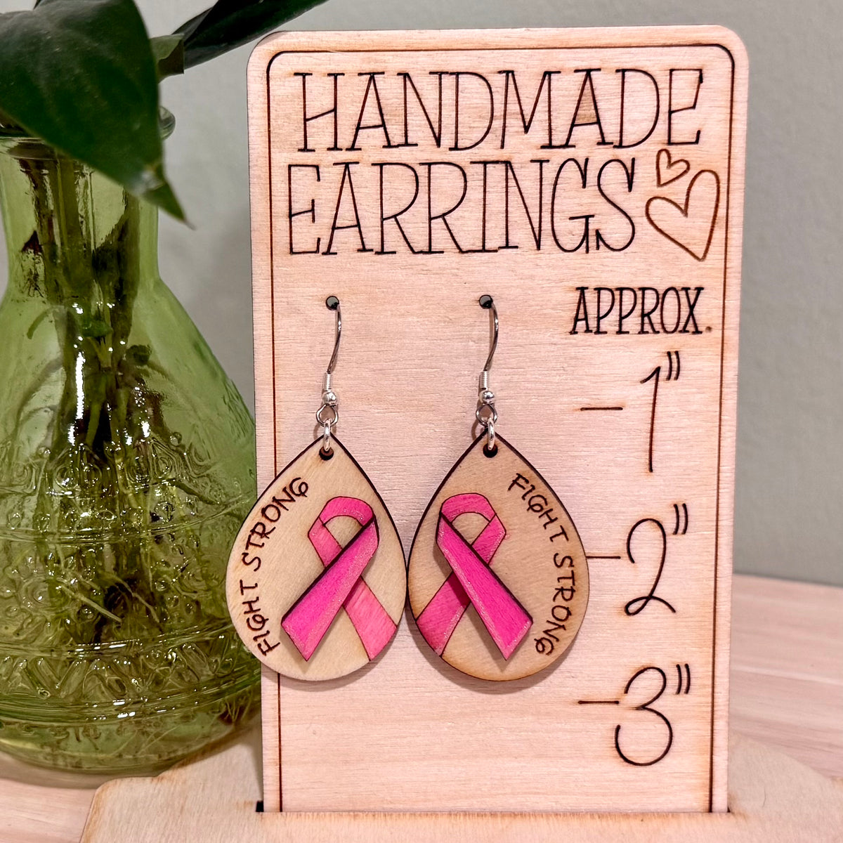 Breast Cancer Fight Strong Earrings | Handmade Wood Dangle Earrings