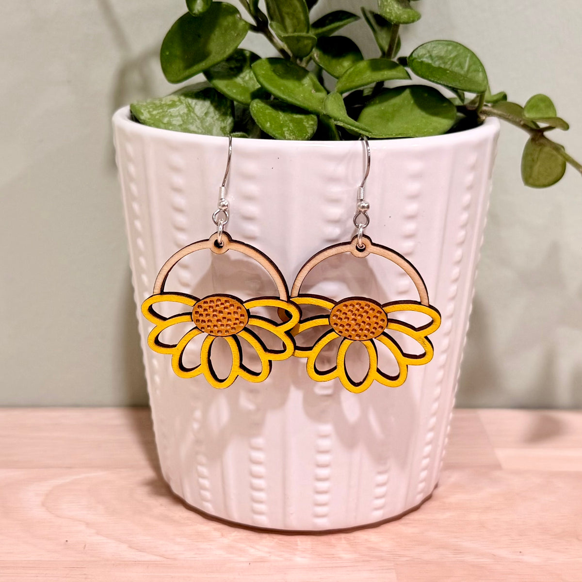 Yellow Daisy Drop Earrings | Handmade Wood Dangle Earrings