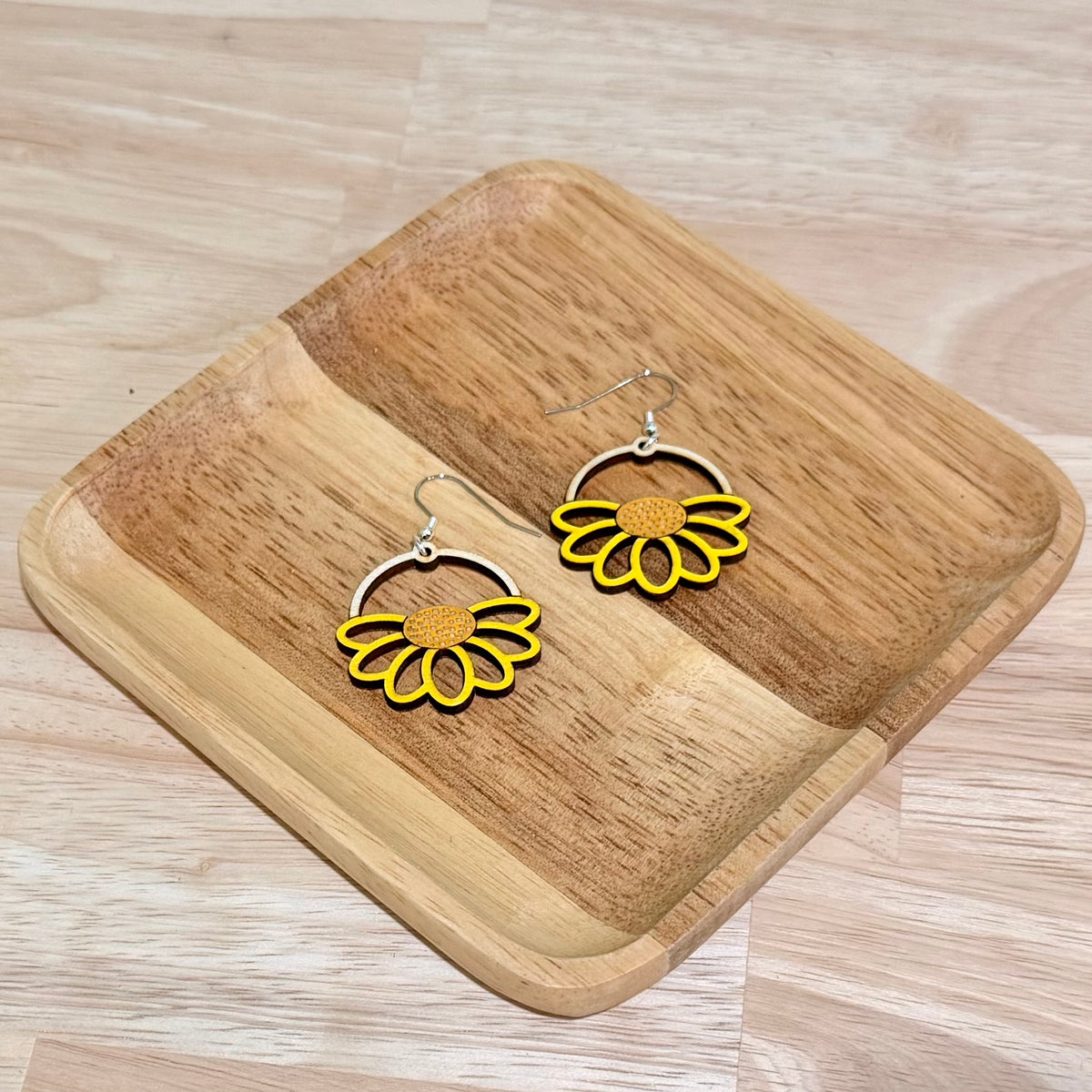 Yellow Daisy Drop Earrings | Handmade Wood Dangle Earrings