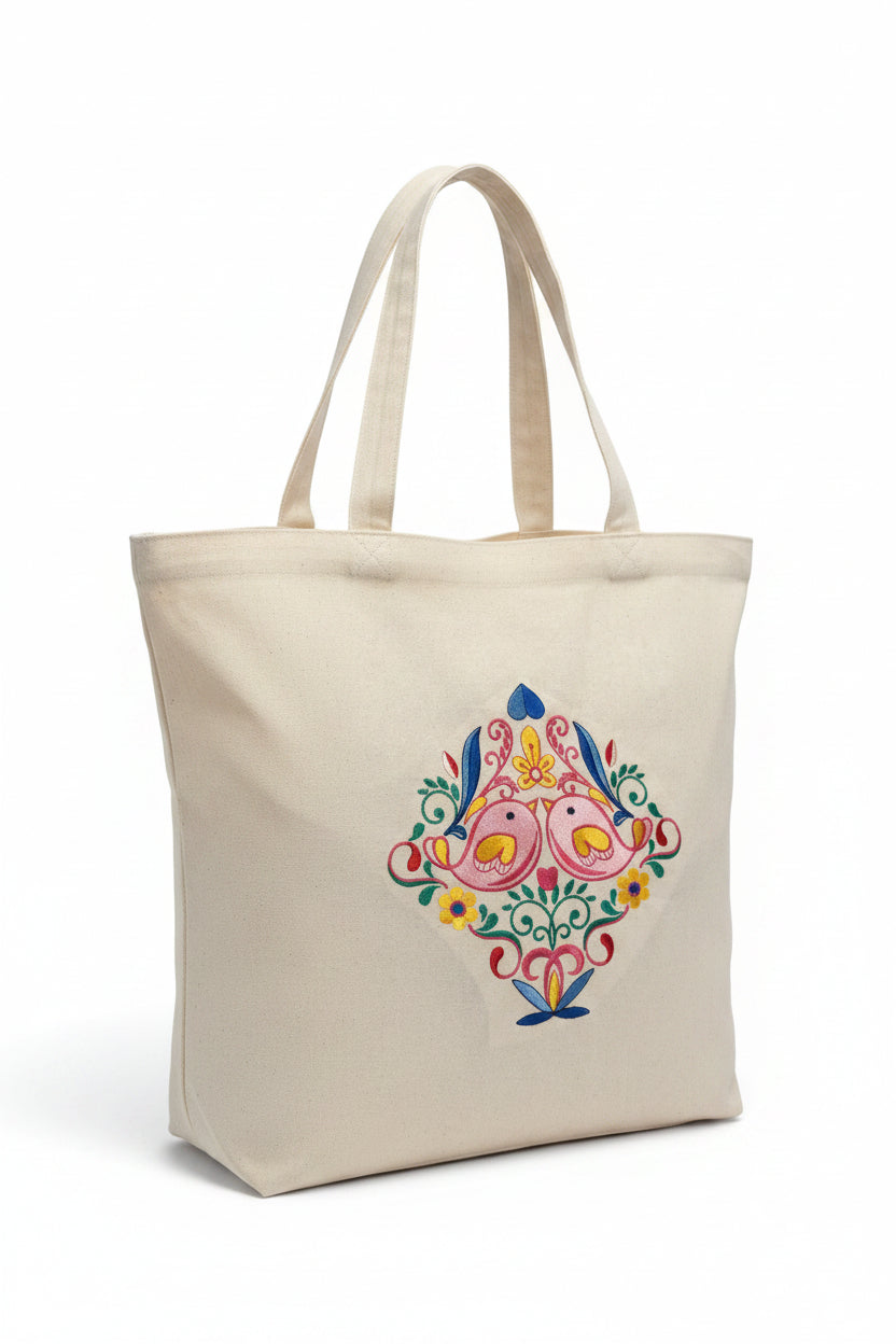 Folk-art  LOVE BIRDS TOTE BAG