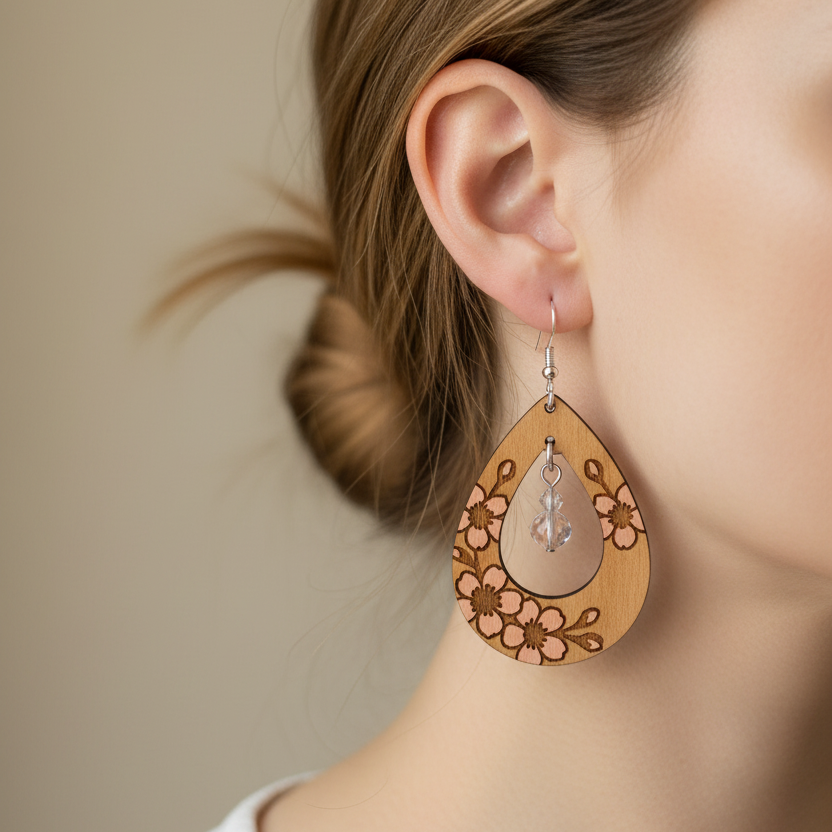 Wooden earring with floral patterns hanging from a female model's ear against a neutral background