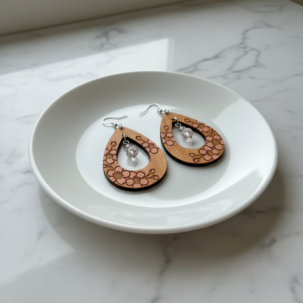 Pair of lightly stained wooden earrings with soft pink cherry blossom designs on a white plate with a marble background