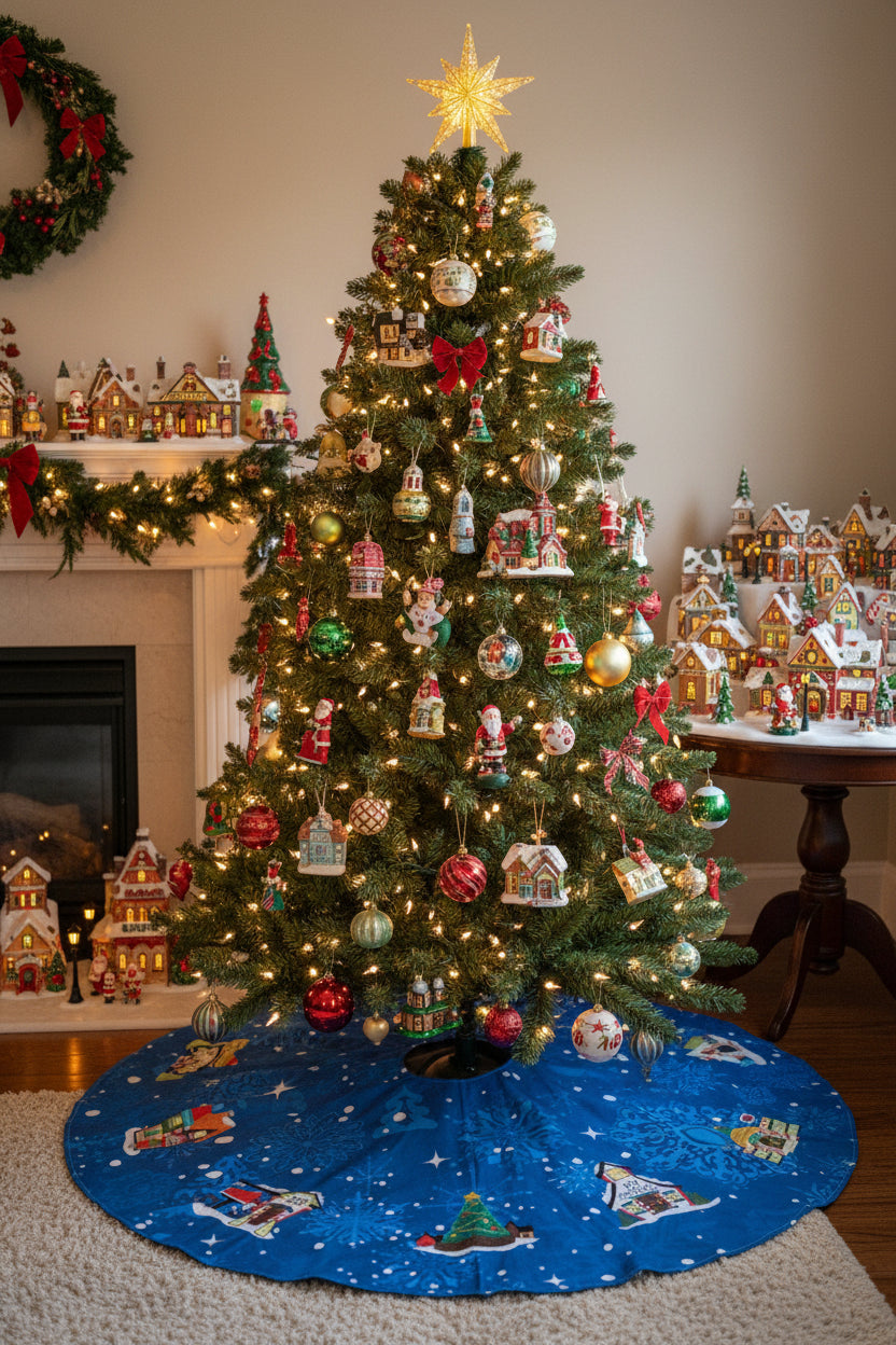 Northpole Village tree skirt with applique embroidery on a blue background.