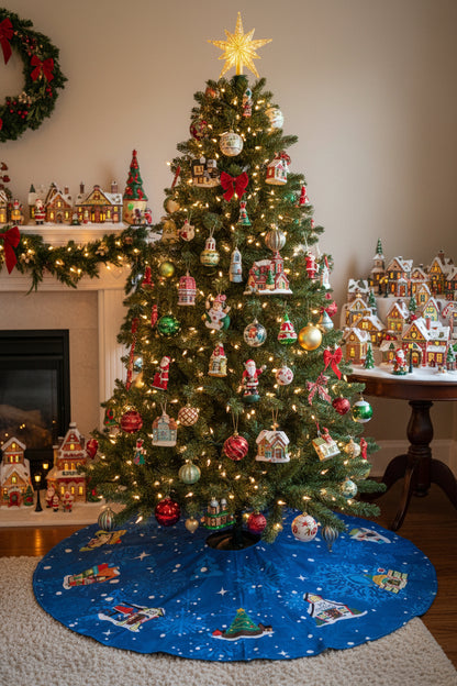 Northpole Village tree skirt with applique embroidery on a blue background.