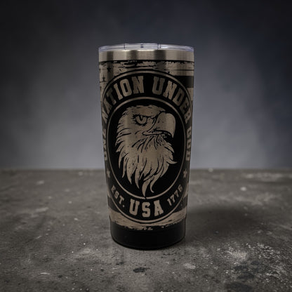 Tumbler with an eagle design and text "One Nation Under God USA Est 1776"